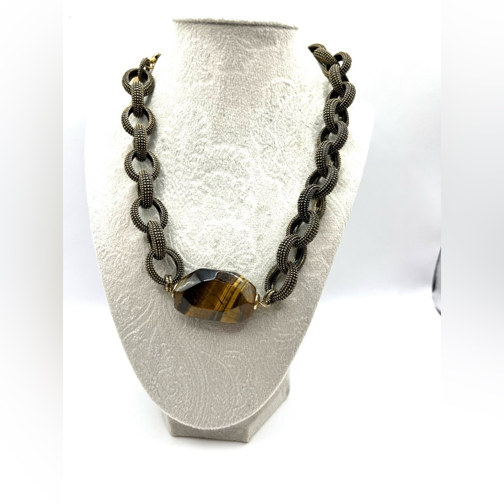 Chicos Tiger Eye Chain Statement Necklace Large Oversized Chunky Necklace